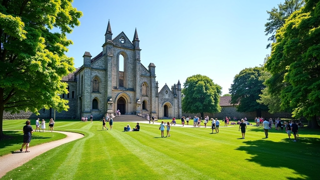 Crowded medieval cathedral site with many visitors, blue sky, summer foliage, historic stone structures with groups of tourists