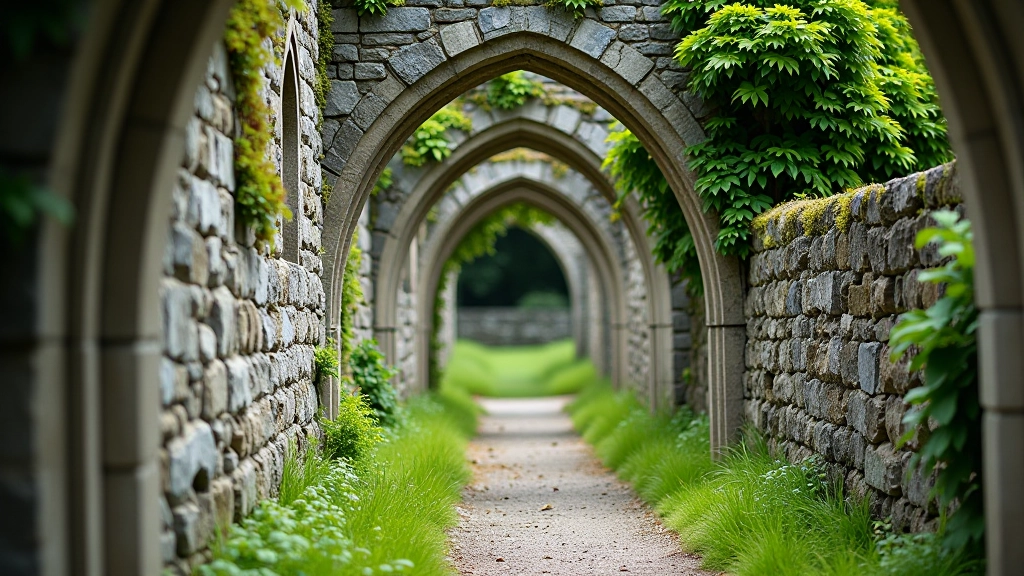 Stone arches and architectural details of historic abbey with climbing ivy