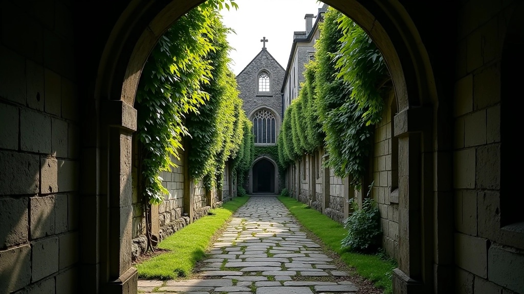 Stone cathedral close with historic pathways