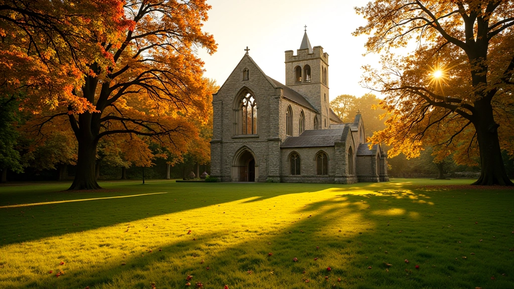 Autumn medieval cathedral with golden sunlight, warm colors, few visitors, lush green grass with patches of golden light, historic stone ruins