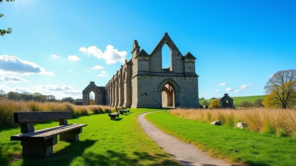 Historic stone cathedral ruins against blue sky with walking path visible in foreground and benches