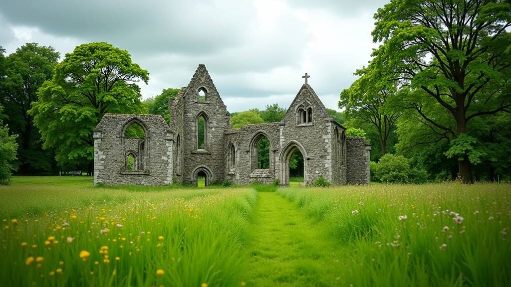 Hore Abbey ruins in meadow landscape