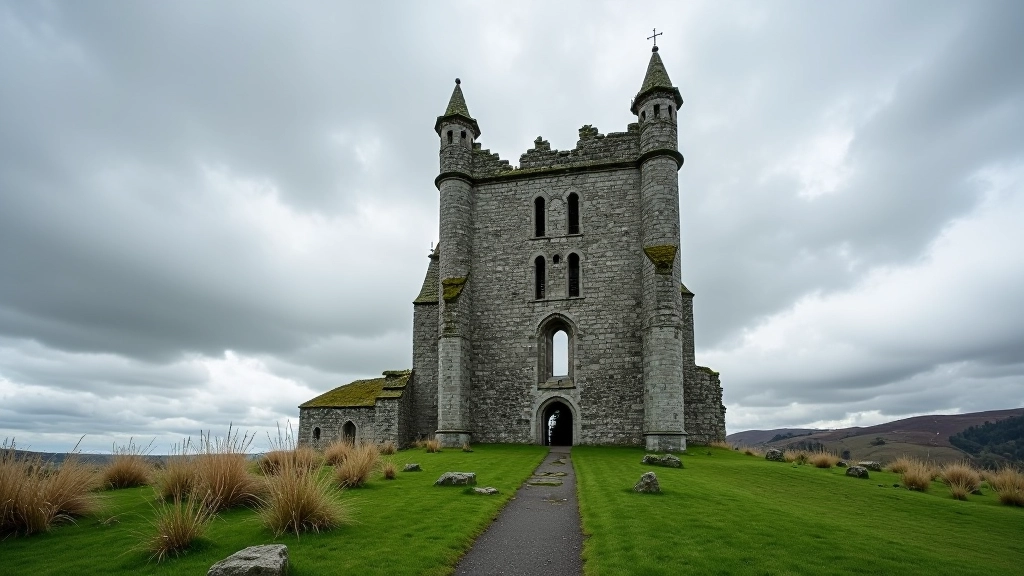 Ancient stone cathedral tower against dramatic sky, historic architecture close-up