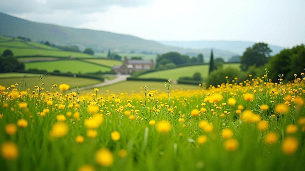 Green meadow with wildflowers and walking path leading toward distant historic ruins