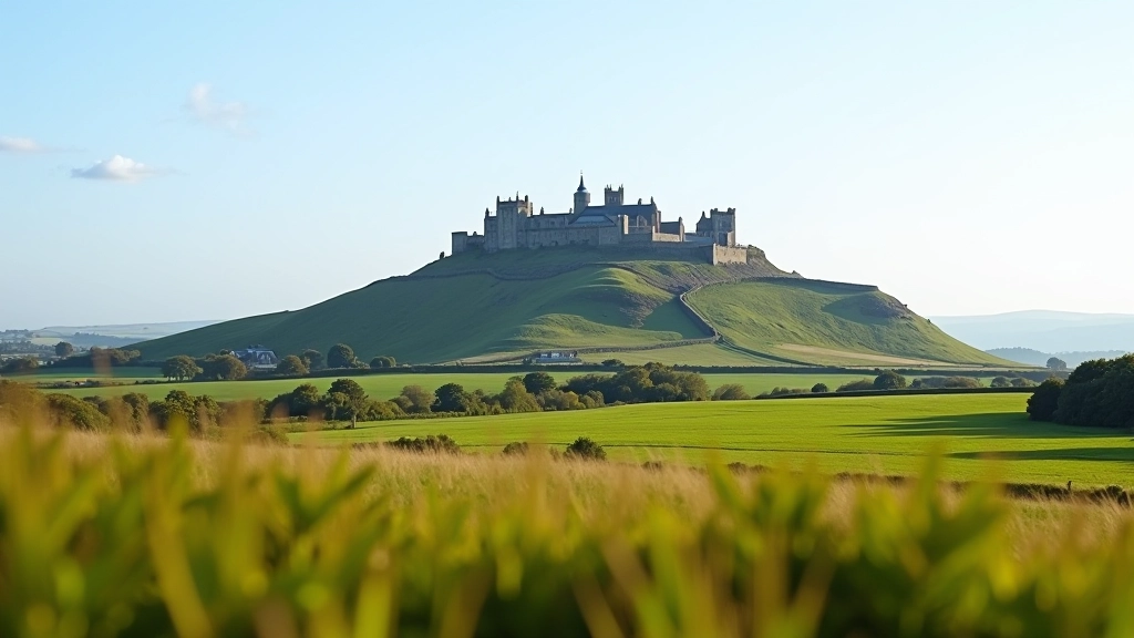 Panoramic view of entire Rock of Cashel complex from distance with countryside