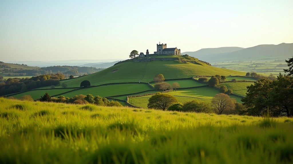 Scenic view of Rock of Cashel with green meadows and ancient stone structures on hillside
