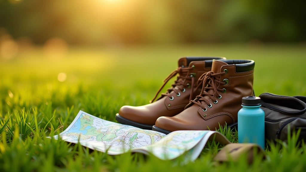 Comfortable walking boots placed on grass with walking map and water bottle nearby, outdoor setting