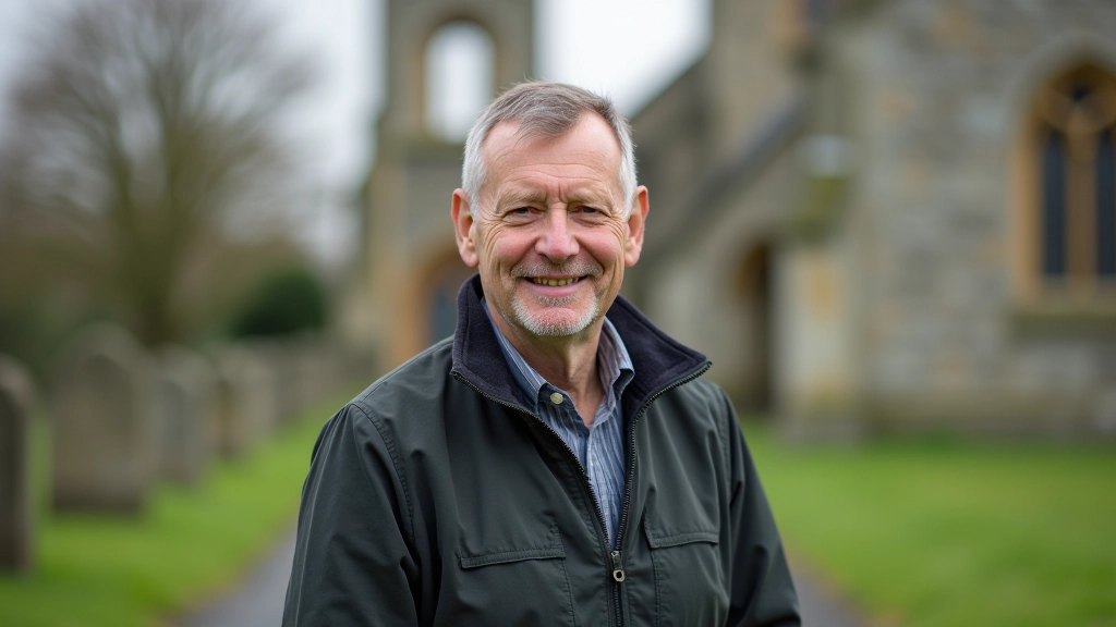 Professional man in outdoor setting, portrait from chest up, approachable expression, site background