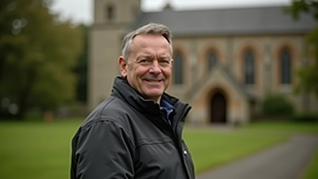 Professional man in outdoor setting, portrait from chest up, warm expression, heritage site background