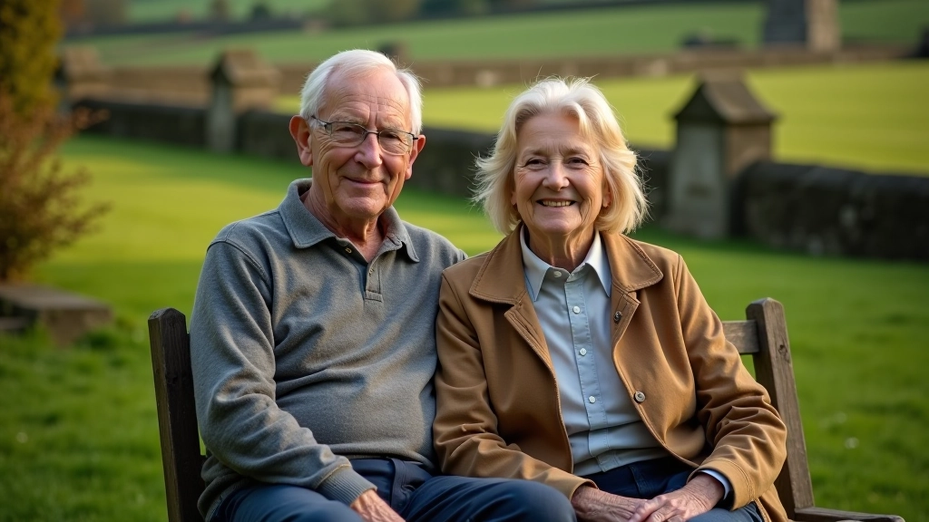 Two seniors sitting on wooden bench in peaceful garden area with green fields and stone walls visible