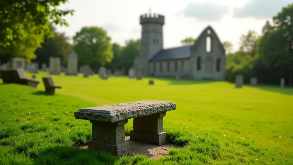 Stone bench positioned in front of cathedral ruins with Round Tower visible in background, afternoon sunlight