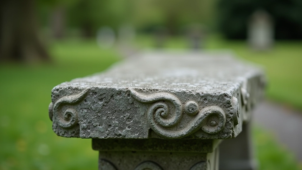 Close-up of stone bench surface with carved details, showing weathered texture and craftsmanship of traditional Irish stonework