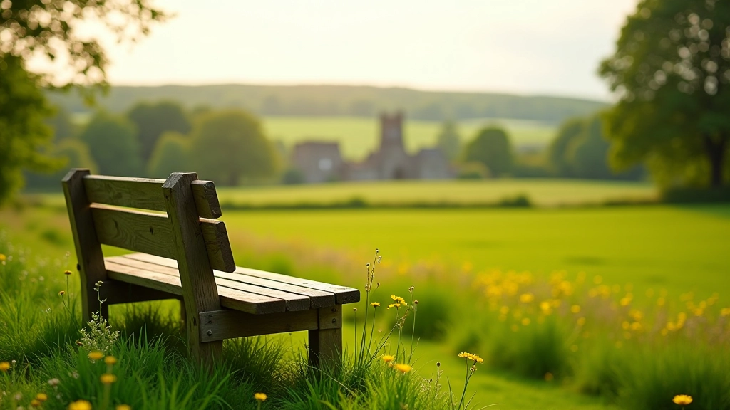 Bench at meadow edge overlooking distant abbey ruins across green pastoral landscape with wildflowers