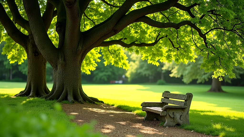 Sheltered wooden bench nestled under large mature oak tree with green foliage, dappled shade creating peaceful atmosphere